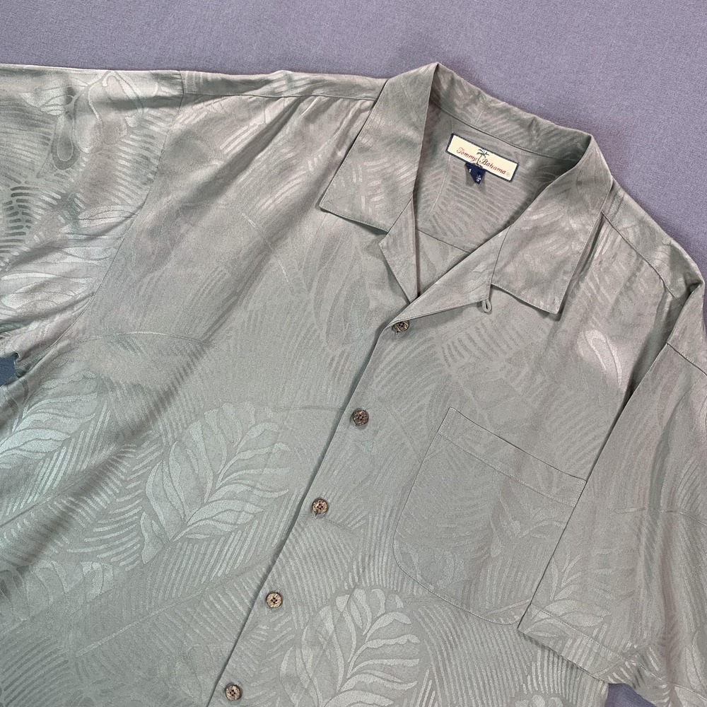 Tommy Bahama Shirt Mens XL Green Silk Jacquard Leaf Hawaiian Camp Button Up